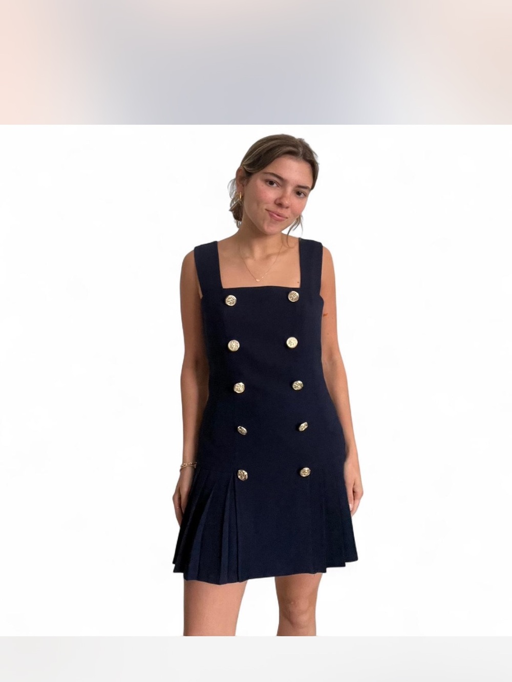 Forever 21 Navy Double-Breasted Pleated Mini Dress with Gold Buttons